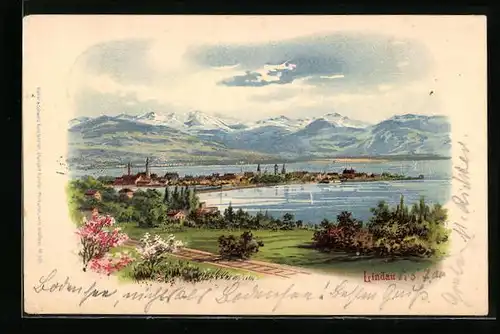 Lithographie Lindau, Ortsansicht mit Seeblick