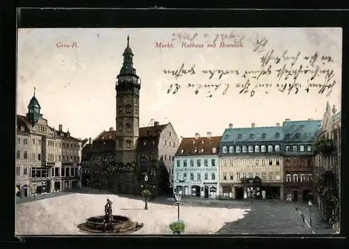 AK Gera-R., Marktplatz mit Rathaus und Brunnen