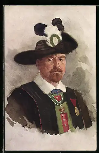 Künstler-AK Zur Erinnerung an die Enthüllung des Kaiserfelsen 1908, Herr in Tracht mit Federhut