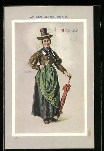 Künstler-AK Salzburg, Dame in Tracht, Pongau