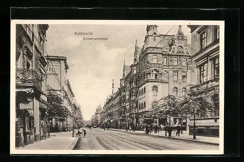 AK Kattowitz, Grundmannstrasse mit Geschäften