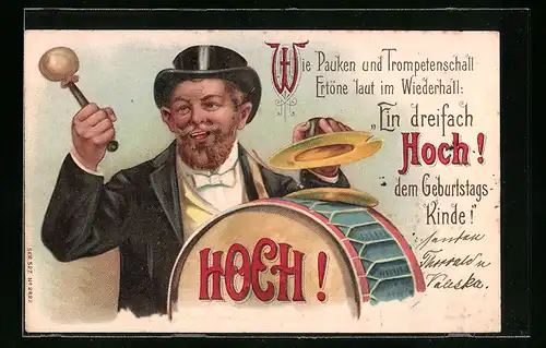 Präge-Lithographie Wie Pauken und Trompetenschall Ertöne laut im Wiederhall: Ein dreifach Hoch! dem Geburtstags-Kinde!