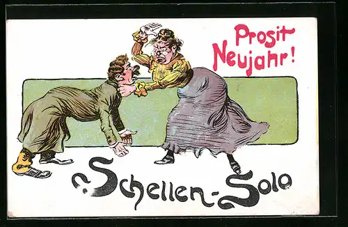 Künstler-AK Prosit Neujahr!, Schellen-Solo, frauenfeindlicher Humor