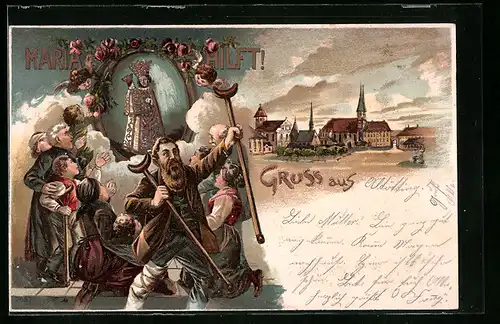 Lithographie Maria Hilft!, Madonna heilt die Kranken, Schutzpatron