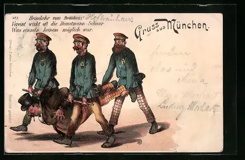 Lithographie Heimkehr vom Bräuhaus!, Vereint wirkt oft die Dienstmann-Schar Was einzeln keinem möglich war, Trinkerhumor