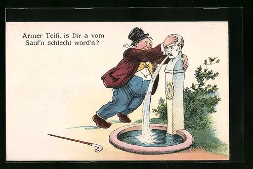 Künstler-AK Armer Teifi, is Dir a vom Sauf`n schlecht word`n?, Trinkerhumor