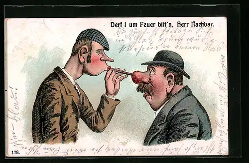 Künstler-AK Derf i um Feuer bitt`n, Herr Nachbar, Trinkerhumor