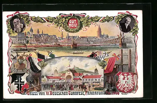 Künstler-AK Frankfurt a. M., XI. Deutsches Turnfest Juli 1908, Gut Heil!, Portrait Jahn, Wappen