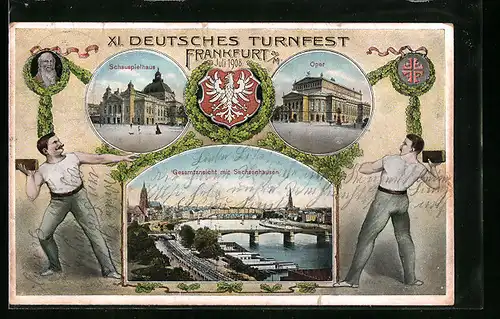 AK Frankfurt a. M., XI. Deutsches Turnfest Juli 1908, Schauspielhaus, Oper, Gesamtansicht mit Sachsenhausen
