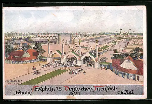Künstler-AK Leipzig, 12. Deutsches Turnfest 12.-16. Juli 1913, Eingang zum Festgelände, Festplatz
