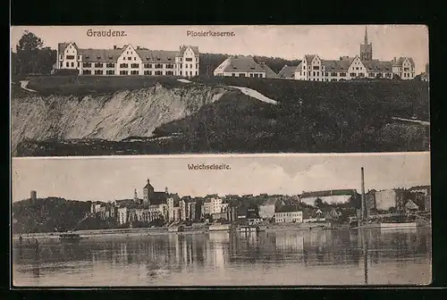AK Graudenz, Pionierkaserne, Panorama von der Weichsel gesehen