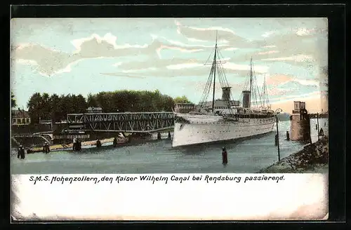 AK Kriegsschiff SMY Hohenzollern, den Kaiser Wilhelm-Kanal bei Rendsburg passierend