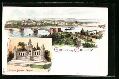 Lithographie Coblenz, Kaiserin Augusta-Denkmal