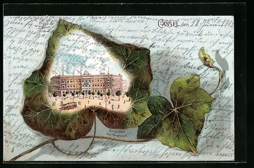 Lithographie Cassel, Königsplatz und Hauptpost
