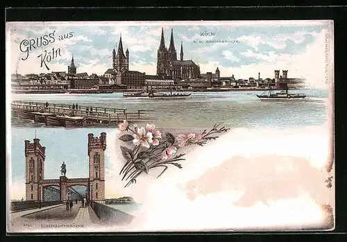 Lithographie Köln, Schiffbrücke und Eisenbahnbrücke