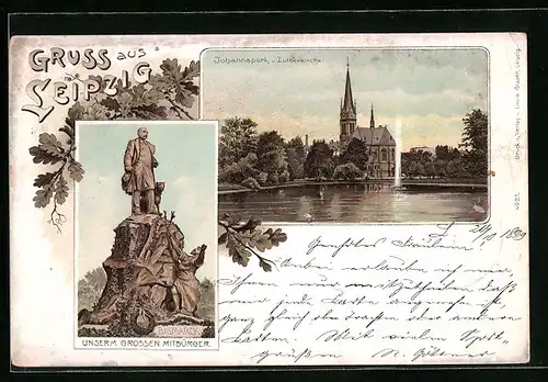 Lithographie Leipzig, Johannspark und Lutherkirche