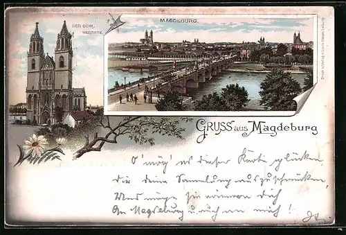 Vorläufer-Lithographie Magdeburg, 1895, Der Dom von der Westseite