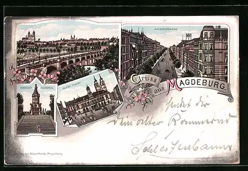 Lithographie Magdeburg, Kaiserstrasse, Alter Markt und Krieger-Denkmal