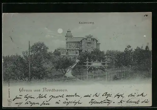 Mondschein-AK Nordhausen, Blick auf Kaiserberg