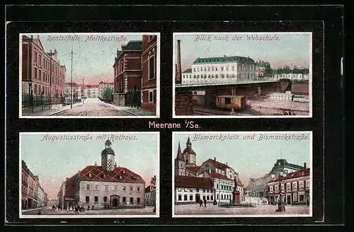 AK Meerane i. Sa., Blick nach der Webschule und Augustusstrasse mit Rathaus