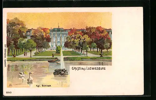 Lithographie Ludwigsburg, Blick auf das Kgl. Schloss