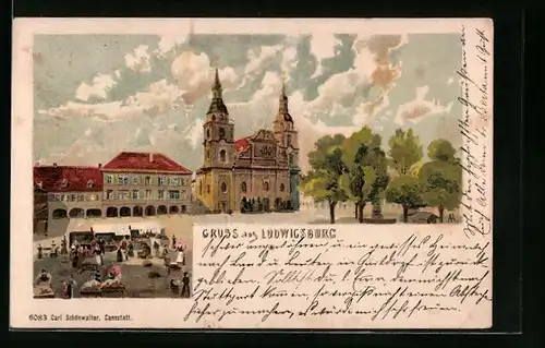 Lithographie Ludwigsburg, Blick über den Marktplatz und auf die Kirche