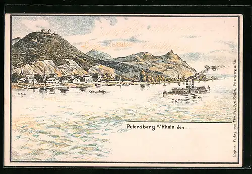 Lithographie Petersberg a. Rhein, Blick über den Rhein auf Petersberg