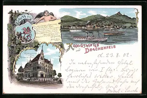 Lithographie Königswinter, Blick auf Drachenfels und Westfälischerhof Fritz Klein