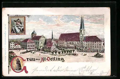 Lithographie Alt-Oetting, Blick über den Platz auf die Kirche