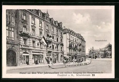 AK Frankfurt a. M., Blick auf das Hotel zu den Vier Jahreszeiten und den Hauptbahnhof