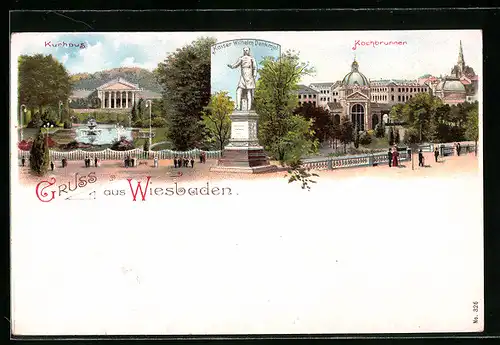 Lithographie Wiesbaden, Kochbrunnen und Kurhaus