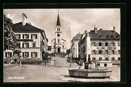 AK Les Brenets, Ortspartie mit Cafe-Restaaurant und Kirche