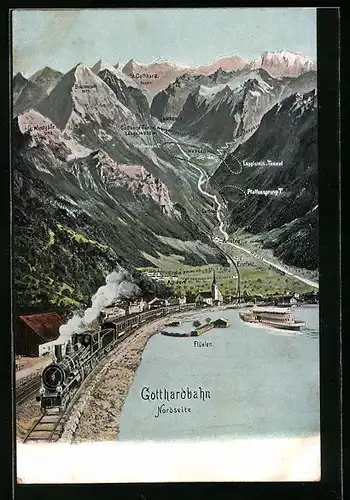AK Altdorf, Ortsansicht mit Gotthardbahn und Bergpanorama