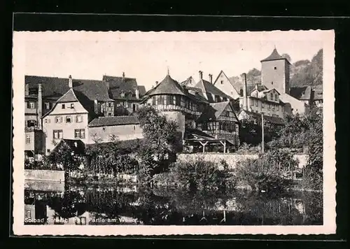 AK Schw. Hall, Weller-Partie mit Blick auf Häuser