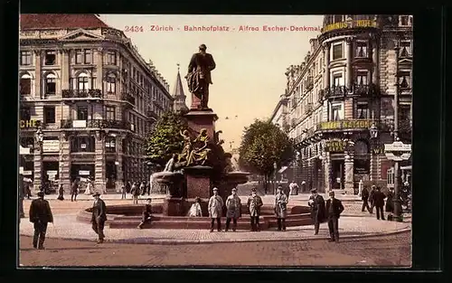 AK Zürich, Bahnhofplatz, Alfred-Escher-Denkmal