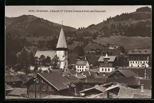 AK Saanen, Ortspartie mit Kirche und Schulhaus