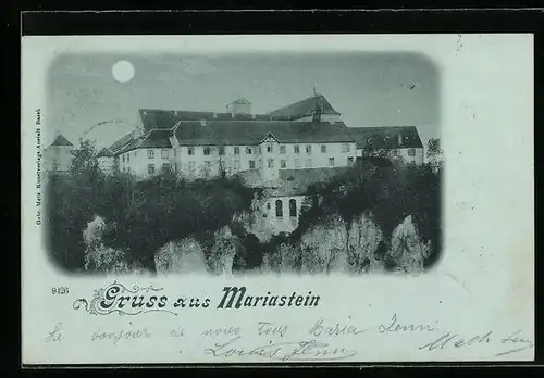 Mondschein-AK Mariastein, Schlossansicht bei Vollmond