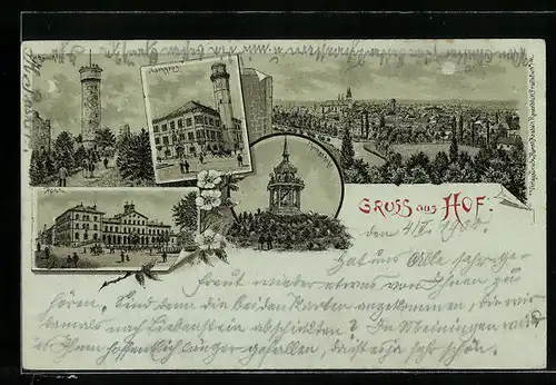 Mondschein-Lithographie Hof, Rathaus und Ortsansicht