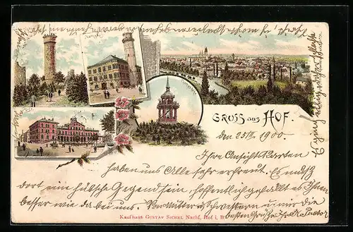 Lithographie Hof, Rathaus, Labyrinth und Thomashöhe