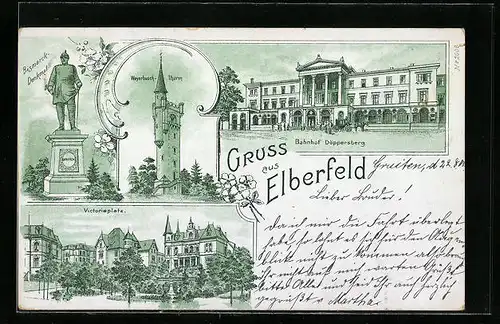 Lithographie Elberfeld, Weyerbusch-Turm, Bahnhof Döppersberg und Victoriaplatz