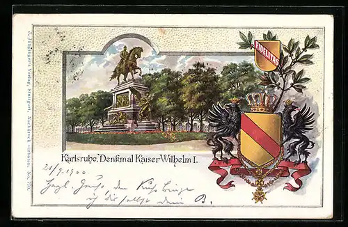 Passepartout-Lithographie Karlsruhe, Denkmal Kaiser Wilhelm I., Wappen