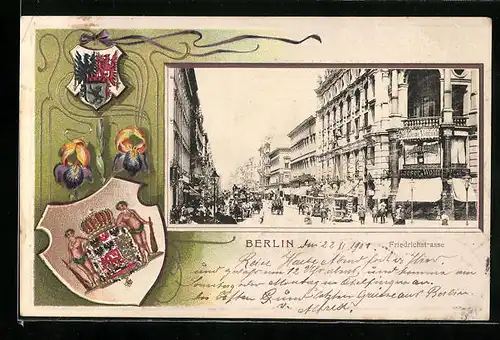 Passepartout-Lithographie Berlin, Blick durch die Friedrichstrasse, Wappen