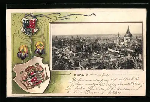 Passepartout-Lithographie Berlin, Panorama mit neuem Dom, Wappen