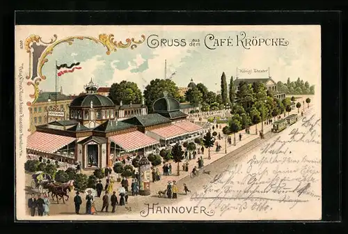 Lithographie Hannover, Strassenpartie mit Cafe Kröpcke und Passanten aus der Vogelschau