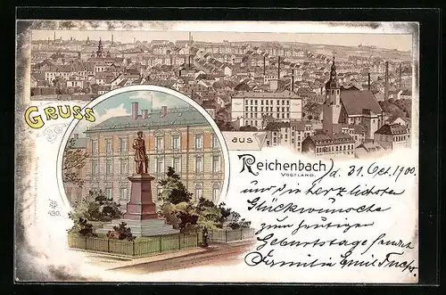 Lithographie Reichenbach i. V., Teilansicht und Denkmal
