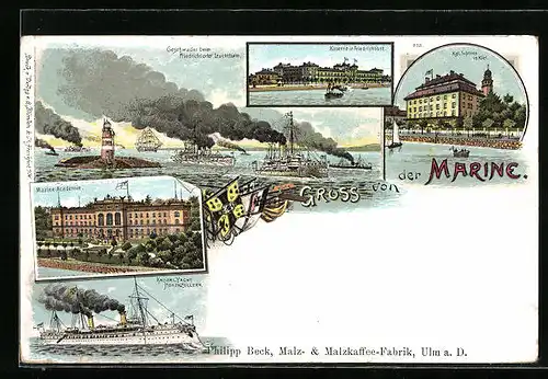 Lithographie Kiel, Marine - Kaserne, Academie, Geschwader beim Friedrichsorter Leuchtthurm