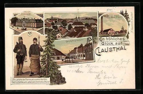 Lithographie Clausthal, Teilansicht, Silberhütte, Schacht Kaiser Wilhelm II., Oberbergamt