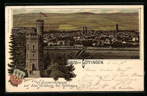 Lithographie Göttingen, Panorama der Stadt mit Bismarckthurm und Wappen