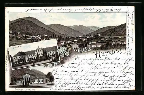 Lithographie Harzburg, Ortsansicht mit Bergen, Juliushall mit Badehaus