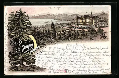 Lithographie Tutzing, Hotel Simson am Starnberger See aus der Vogelschau